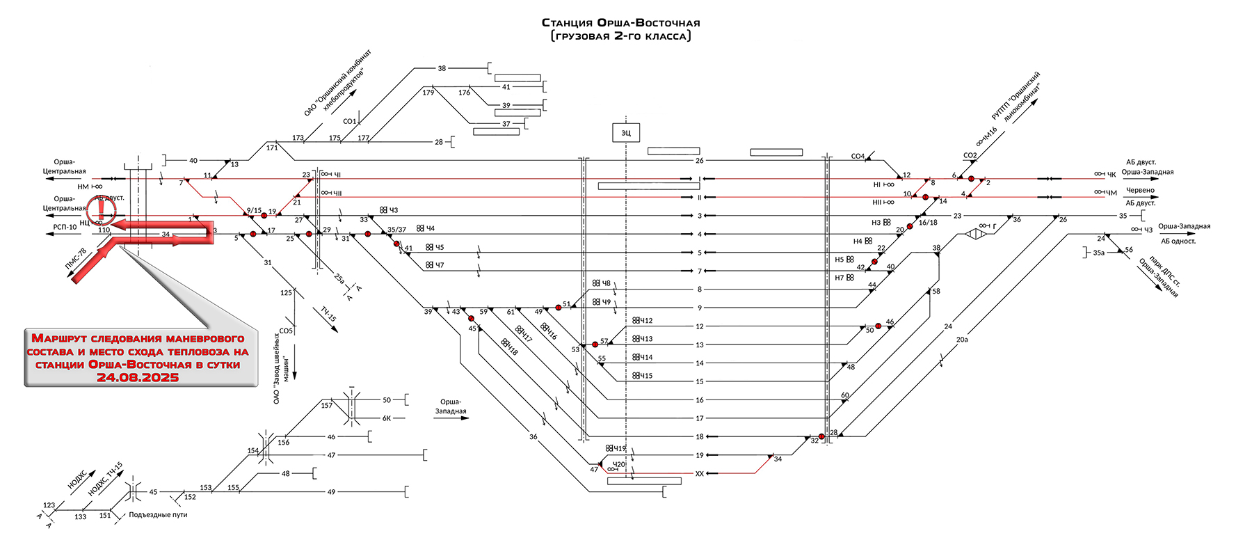 Схема схода маневрового локомотива по станции Орша-Восточная 25.08.2025