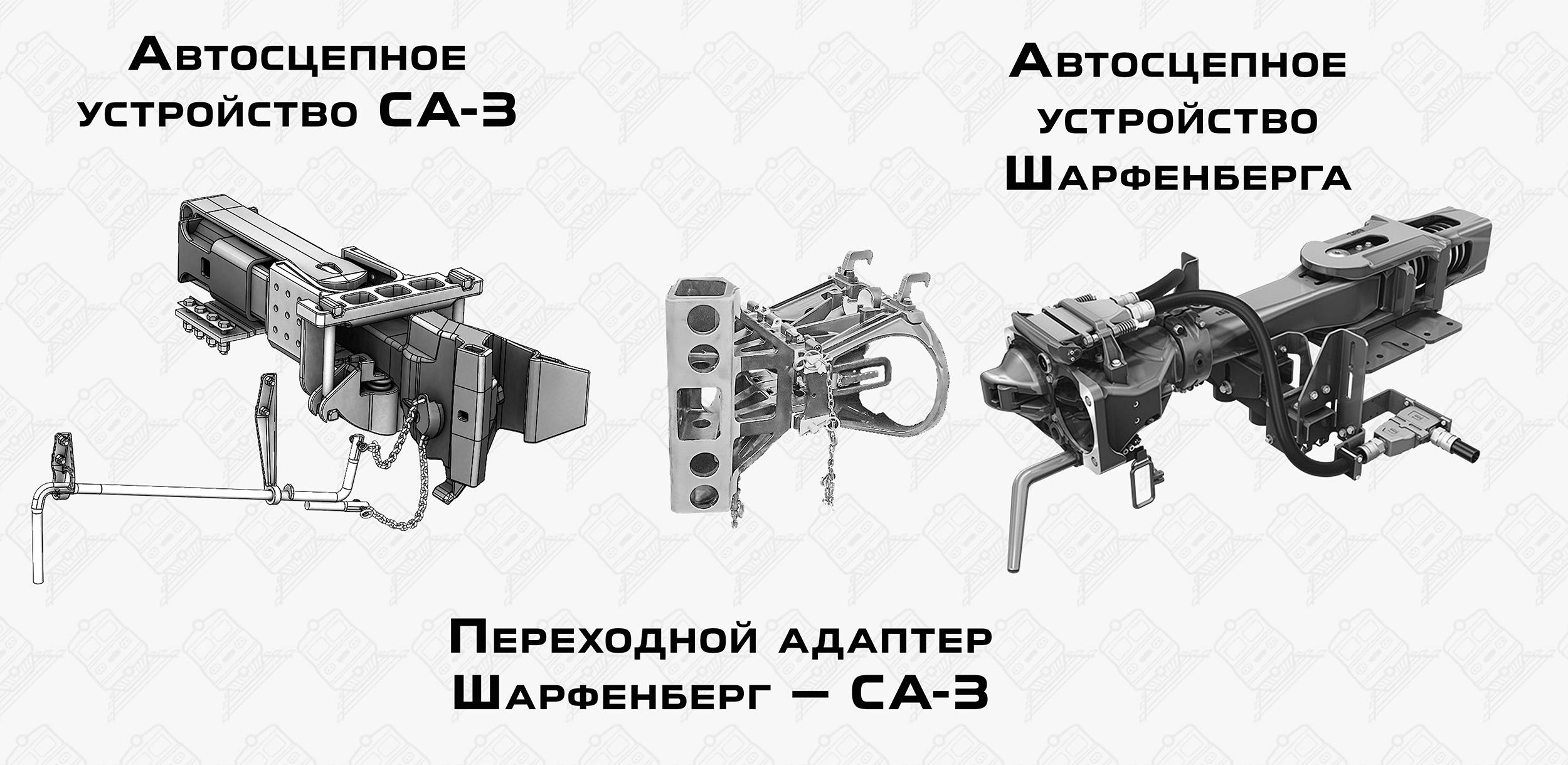 Изображение автосцепки СА-3, переходного адаптера, автосцепки Шарфенберга