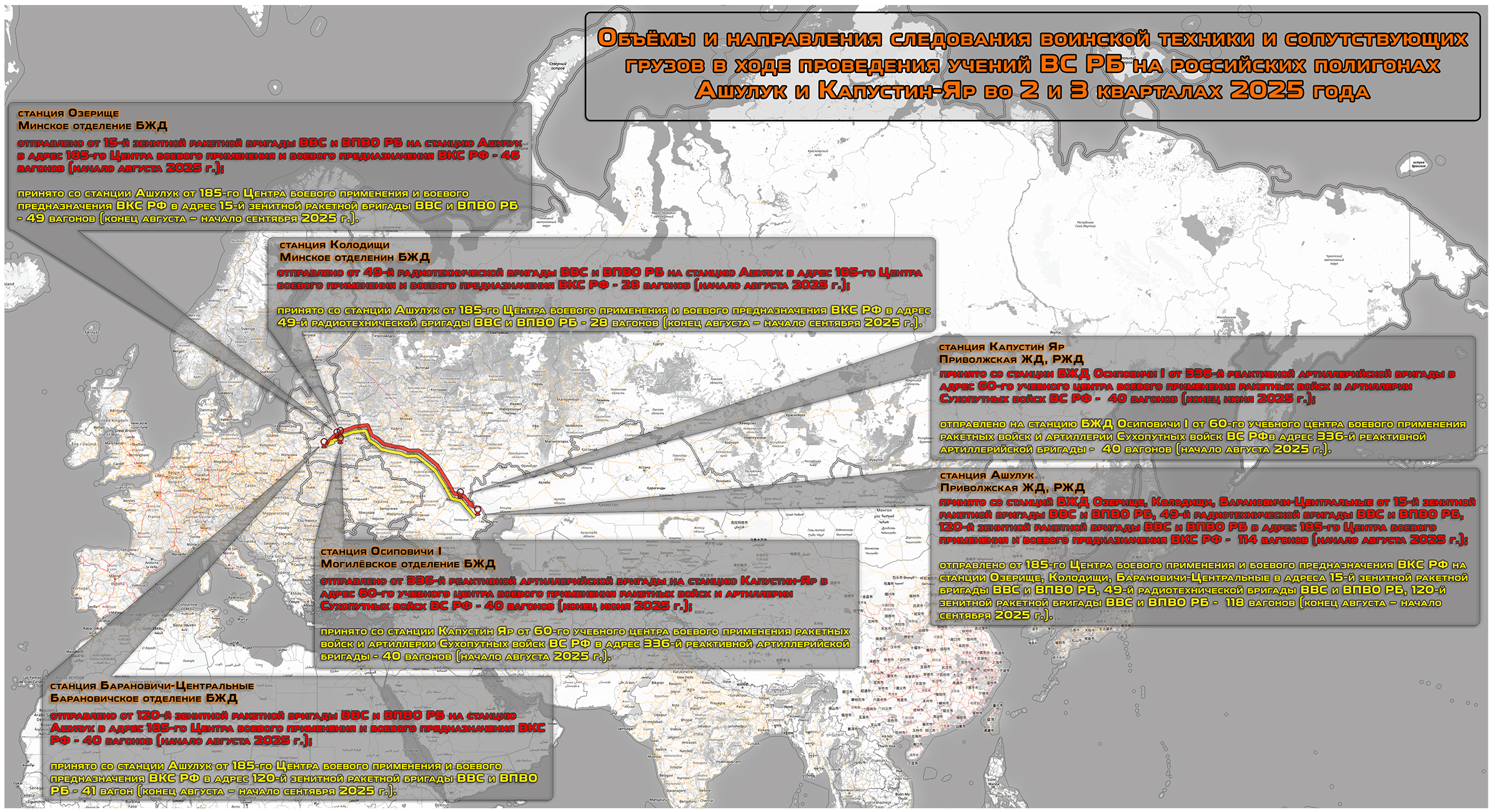Объёмы и направления следования воинской техники и сопутствующих грузов в ходе проведения учений ВС РБ на российских полигонах Ашулук и Капустин-Яр во 2 и 3 кварталах 2025 года